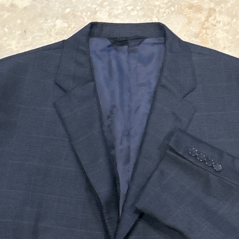 Jos A Bank Blazer Mens 46R Blue Plaid Signature Gold Tailored Fit Wool Jacket